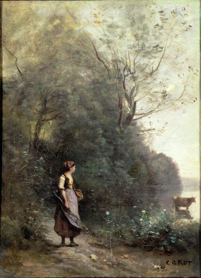 En bondekvinne som beiter en ku i kanten av en skog, ca. 1865-70 av Jean Baptiste Camille Corot