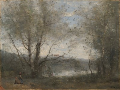 En dam sett gjennom trærne av Jean Baptiste Camille Corot