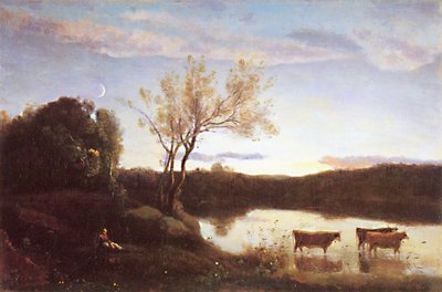 Der Teich, drei Kühe und ein Halbmond von Jean-Baptiste-Camille Corot