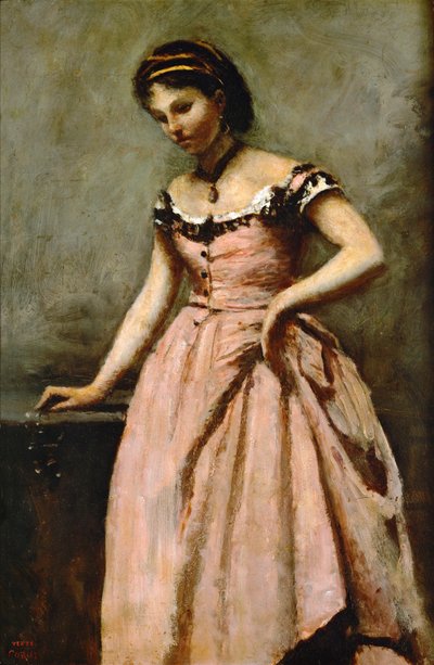 Mädchen im rosa Kleid mit Rosen und einer Perle von Jean-Baptiste-Camille Corot
