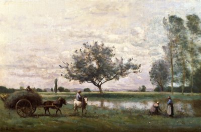 Heuwagen am Flussufer von Jean Baptiste Camille Corot