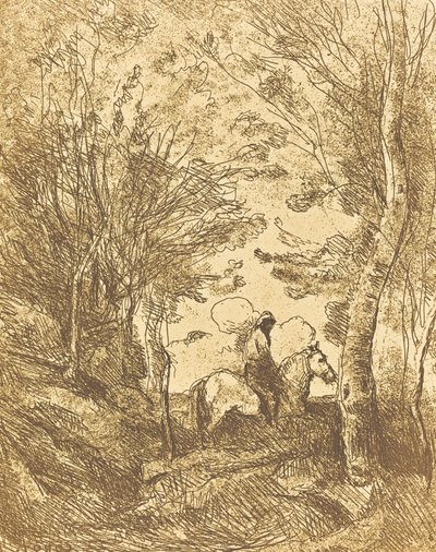 Horseman in the Woods, Large Plate Le Grand Cavalier sous bois, ca. 1854. av Jean Baptiste Camille Corot