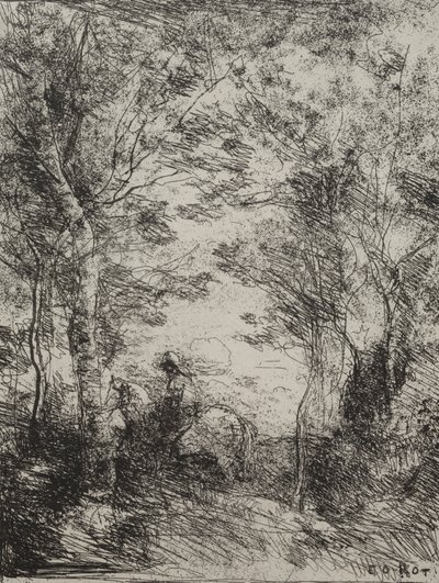 Reiter im Wald, Originaldruck 1854, gedruckt 1921 von Jean Baptiste Camille Corot