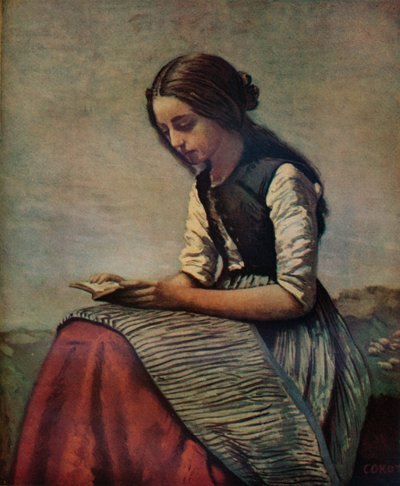 La petite Liseuse eller ung gjeterinne sitter og leser, c1855 av Jean Baptiste Camille Corot