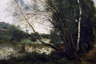 Innsjø med den skjeve trestammen av Jean-Baptiste-Camille Corot