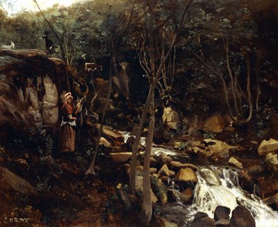 Lormes - A Torrent with a Standing Peasant, Spinning Wool, 1842 av Jean Baptiste Camille Corot
