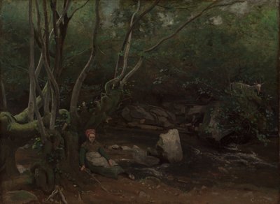 Lormes: Geit-jente som sitter ved siden av en bekk i en skog av Jean-Baptiste-Camille Corot