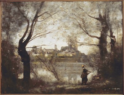 Mantes, katedralen og byen sett gjennom trærne, kveld (olje på lerret av Jean Baptiste Camille Corot