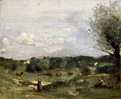 Wiese mit Kühen, eine Weide rechts und ein entferntes Dorf von Jean Baptiste Camille Corot