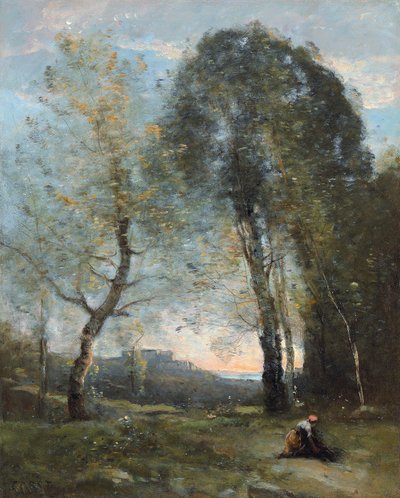 Bondekvinne som samler ved, Italia, ca. 1870-2 av Jean-Baptiste-Camille Corot