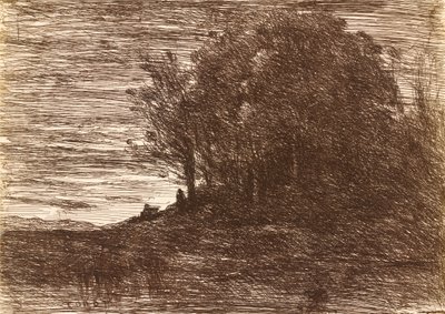 Eremittskogen, eller bredden av innsjøen Trasimène Le Bois de l'Hermite, ou les..., 1858. av Jean Baptiste Camille Corot