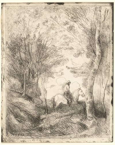 Rytteren i skogen, stor tallerken av Jean Baptiste Camille Corot