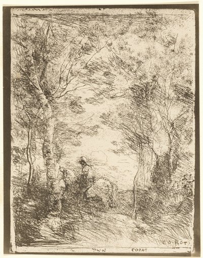 Rytteren i skogen, liten tallerken av Jean Baptiste Camille Corot