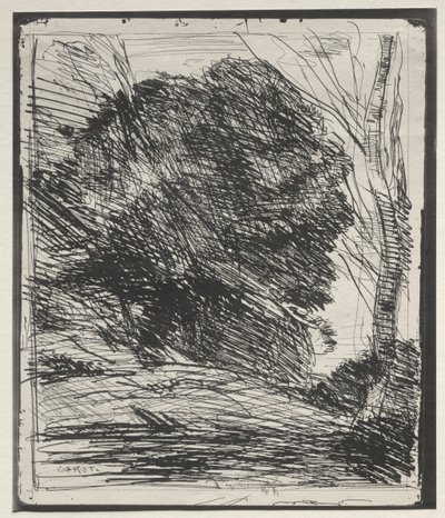 Trees on the Mountain, originalt inntrykk 1856, trykt i 1921. av Jean Baptiste Camille Corot