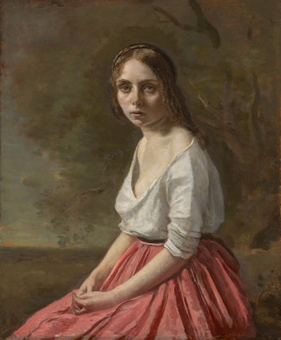 Ung kvinne i et rosa skjørt, ca. 1845-50 av Jean Baptiste Camille Corot