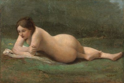 Ung kvinne tilbakelent på gresset, ca. 1850-60 av Jean Baptiste Camille Corot