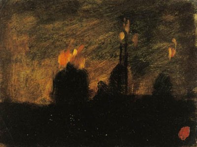 Nattstemning med branner i St-Vast-là-haut nær Valenciennes av Jean Baptiste Carpeaux