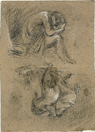 Skisser: Sittende mann med hodet i hendene og to figurer som bøyer seg mot andre i bakgrunnen (recto); Tilbakelent kvinne (verso) av Jean Baptiste Carpeaux