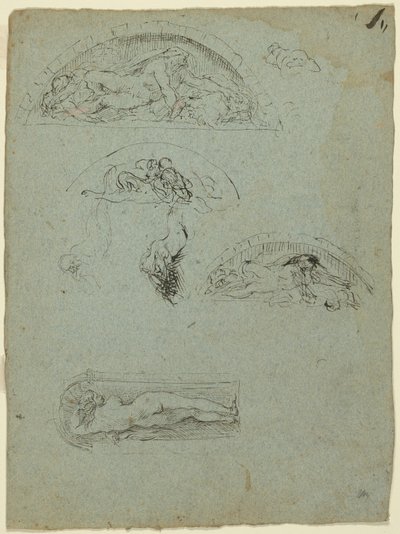 Stående figur i en nisje og studier for Ugolino-gruppen (recto); Rødkledd prelat i en folkemengde (verso) av Jean Baptiste Carpeaux