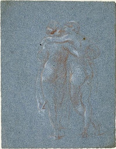 To stående figurer, omfavnende (recto); Mann med ljå og skisser av bygninger (verso) av Jean Baptiste Carpeaux