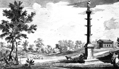 En utsikt fra Capt. Grenvilles monument til det greske tempelet, Stowe House Gardens, gravert av George Bickham, 1753 av Jean Baptiste Claude Chatelain