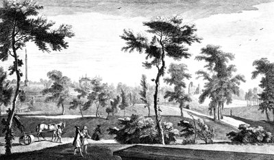 En utsikt fra det greske tempelet til Lord Cobhams søyle, Stowe House Gardens, gravert av George Bickham, 1753 av Jean Baptiste Claude Chatelain