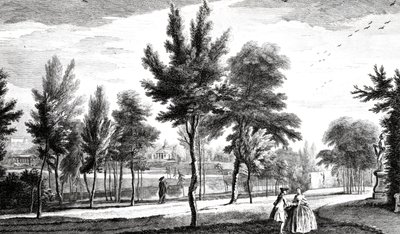 En utsikt over Elysian Fields fra Spring of Helicon, Stowe House Gardens, gravert av George Bickham, 1753 av Jean Baptiste Claude Chatelain