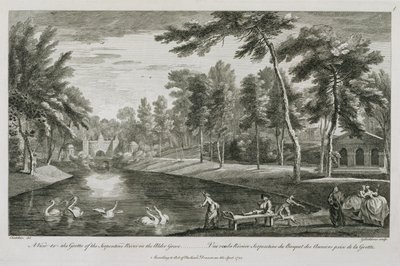 En utsikt til grotten til Serpentine River i Alder Grove ved Stowe, 1753, gravert av George Bickham av Jean Baptiste Claude Chatelain