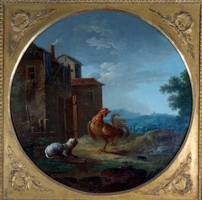 Grisen, katten og musa. Illustrasjon til fabelen av Jean de La Fontaine. Maleri av Jean Baptiste Claudot (1733-1805) av Jean Baptiste Claudot
