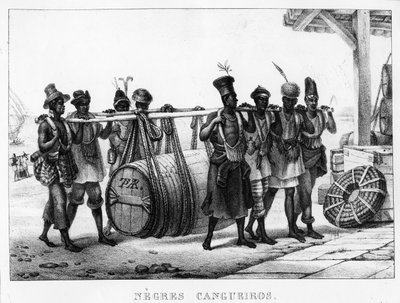 'Black Cangueiros' - Black Porters bærer et fat, gravert av Thierry Freres (fl.1827-45), 1835 av Jean Baptiste Debret
