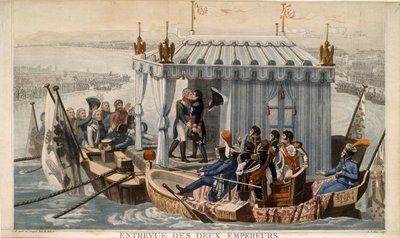 Møte mellom keisere Alexander I av Russland og Napoleon I av Frankrike ved Neman nær Tilsit i juli av Jean Baptiste Debret