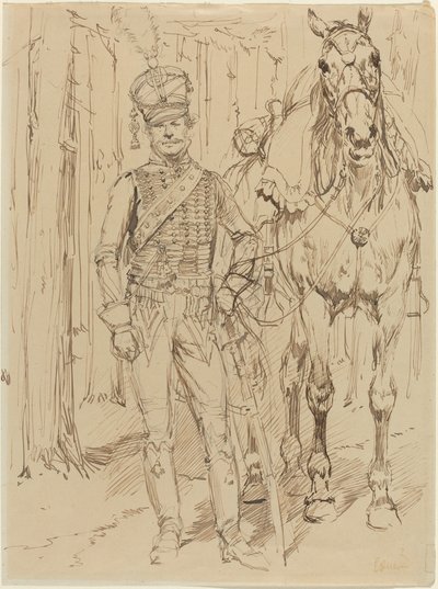 En fransk husar som leder en hest av Jean Baptiste Edouard Detaille