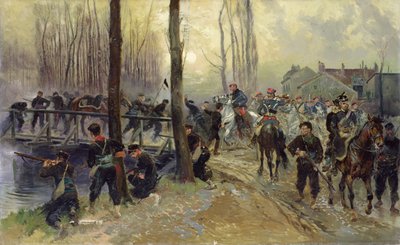 Bakholdsangrep nær en bro forsvart av tropper, tidlig morgen, 1870 av Jean Baptiste Edouard Detaille