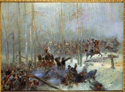 Kampanje for Russland i 1812: "" Ansvar for det syvende slagskipet til oberst Dubois ved Berezina (Beresina) 28.11.1812 i Russland"" Maleri av Jean-Baptiste-Edouard (Jean Baptiste Edouard) Detaille (1848-1912) 1800-tallet. Paris, Musee de l