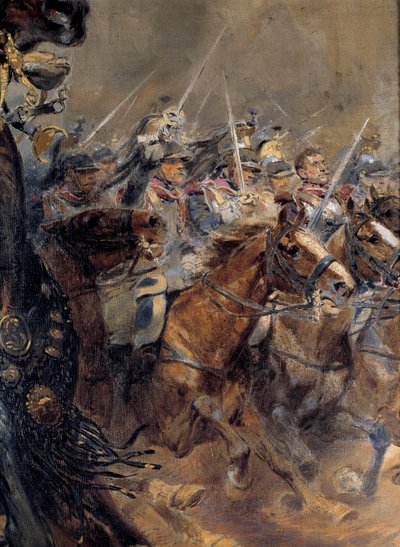Napoleonskrigen: "" Den siste anklagen mot general Antoine Charles Comte de Lasalle (1775-1809), drept ved Wagram 6. juli av Jean Baptiste Edouard Detaille