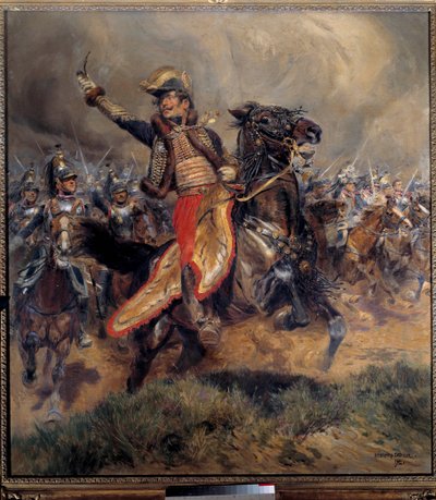 Napoleonskrigen: "" Den siste posten til general Antoine Charles jarl av Lasalle (1775-1809), drept ved Wagram 6. juli av Jean Baptiste Edouard Detaille