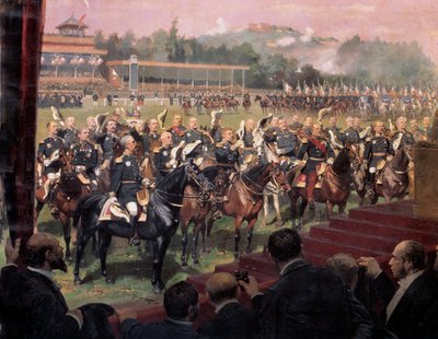 Utdeling av flagg på Longchamp av president Jules Grevy i nærvær av Leon Gambetta 14. juli av Jean Baptiste Edouard Detaille