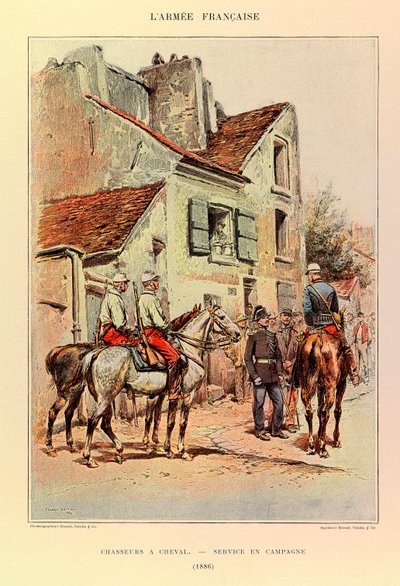 Typer og uniformer av den franske arméen til kaptein Jules Richard, illustrert av Edouard Detaille (1848-1912): Hunters a Horseback; Felttjeneste i 1886, privat samling av Jean Baptiste Edouard Detaille