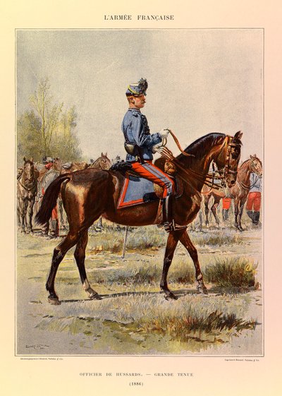 Typer og uniformer av den franske arméen til kaptein Jules Richard, illustrert av Edouard Detaille (1848-1912): Offiser for Hussards i flott kjole i 1886, privat samling av Jean Baptiste Edouard Detaille