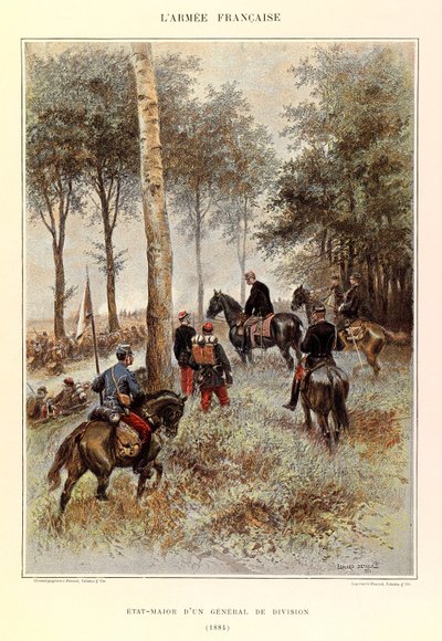 Typer og uniformer av den franske arméen til kaptein Jules Richard, illustrert av Edouard Detaille (1848-1912): Staff of a Divisional General in 1884, Private Collection av Jean Baptiste Edouard Detaille
