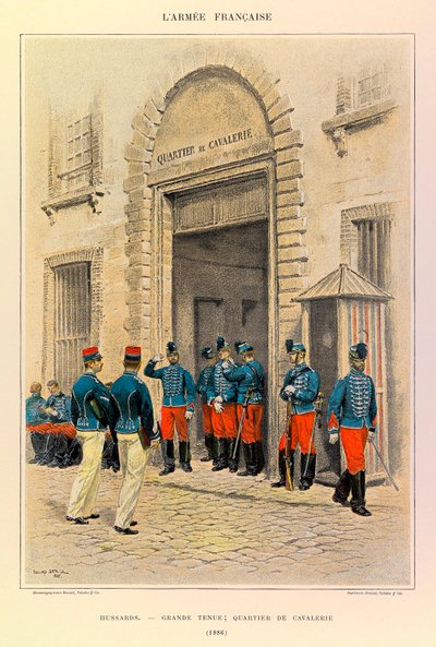 Typer og uniformer av den franske Armee av kaptein Jules Richard, illustrert av Edouard Detaille (1848-1912): Hussards in Great Dress; Kavaleridistriktet i 1886, privat samling av Jean Baptiste Edouard Detaille