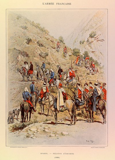 Typer og uniformer av den franske Armee av kaptein Jules Richard, illustrert av Edouard Detaille (1848-1912): Spahis; Eskortepluton i 1886, privat samling av Jean Baptiste Edouard Detaille