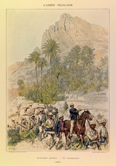 Typer og uniformer av den franske arméen til kaptein Jules Richard, illustrert av Edouard Detaille (1848-1912): Fusiliers Marins on Expedition in 1887, Private Collection av Jean Baptiste Edouard Detaille