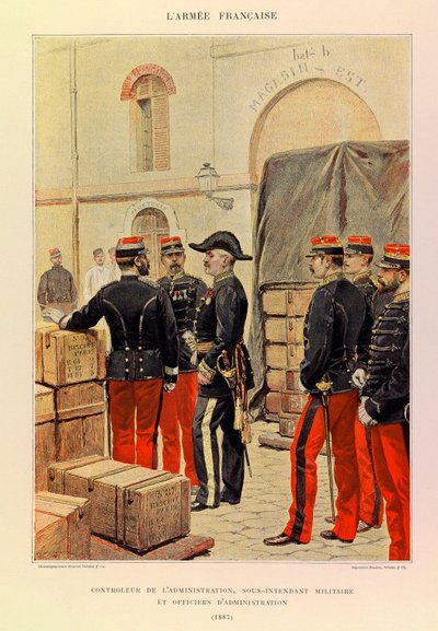 Typer og uniformer av den franske arméen til kaptein Jules Richard, illustrert av Edouard Detaille (1848-1912): Administrasjonskontrollør, assisterende militærintendent og administrative offiserer i 1887, privat samling av Jean Baptiste Edouard Detaille