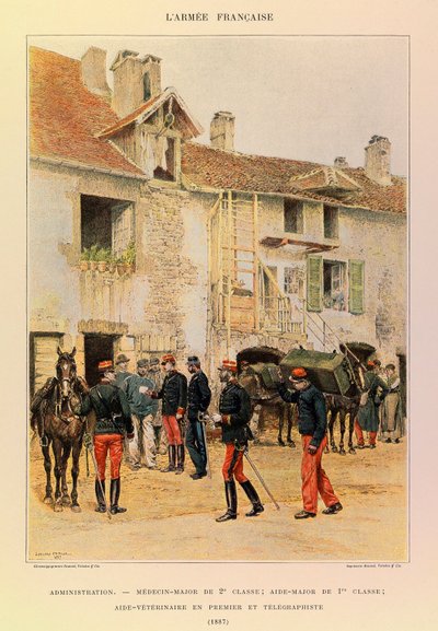 Typer og uniformer av den franske Armee av kaptein Jules Richard, illustrert av Edouard Detaille (1848-1912): Administrasjon: Medisin Major av 2, th Class; Aide Major av 1, ere Klasse; Veterinærhjelper førstemann og telegraf i 1887, privat samling av Jean Baptiste Edouard Detaille