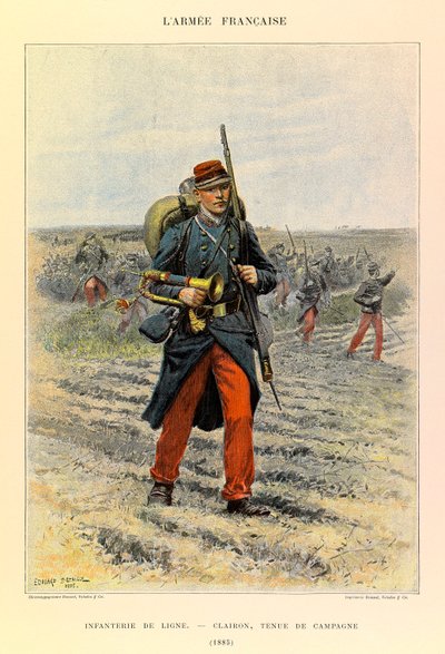 Typer og uniformer av den franske arméen til kaptein Jules Richard, illustrert av Edouard Detaille (1848-1912): Linjeinfanteri; Clairon i feltkjole i 1885, privat samling av Jean Baptiste Edouard Detaille
