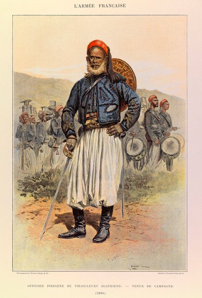 Typer og uniformer av den franske arméen til kaptein Jules Richard, illustrert av Edouard Detaille (1848-1912): Innfødt offiser for algeriske tuniorer i feltkjole i 1886, privat samling av Jean Baptiste Edouard Detaille