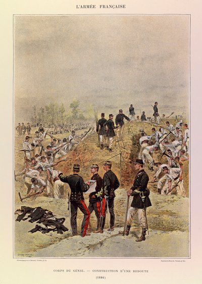 Typer og uniformer av den franske Armee av kaptein Jules Richard, illustrert av Edouard Detaille (1848-1912): Corps de Genie; Bygging av en Redoubt i 1886, privat samling av Jean Baptiste Edouard Detaille