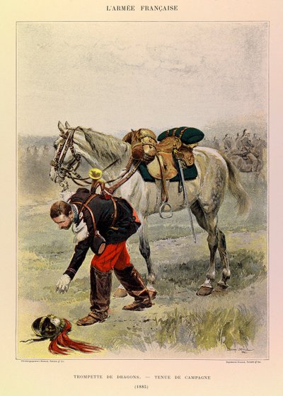 Typer og uniformer av den franske arméen til kaptein Jules Richard, illustrert av Edouard Detaille (1848-1912): Dragons Trumpet in Country Dress in 1885, Private Collection av Jean Baptiste Edouard Detaille