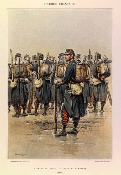 Typer og uniformer av den franske Armee of Captain Jules Richard, illustrert av Edouard Detaille (1848-1912): Sapper of the Genie in Country Dress in 1886, Private Collection av Jean Baptiste Edouard Detaille